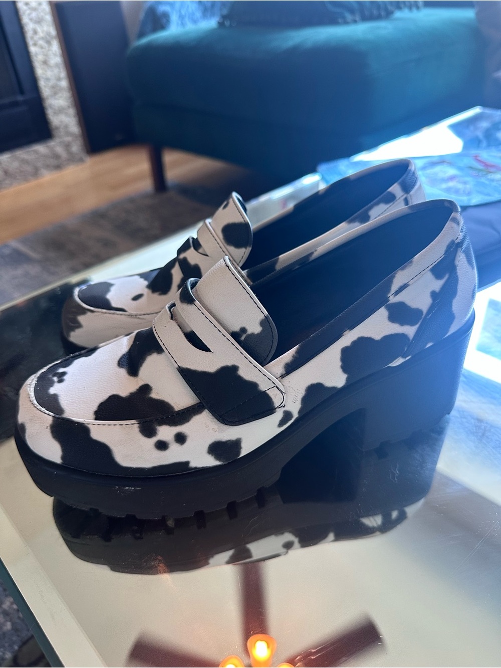 Black & White Cowprint Chunky Heeled Platform Loafers